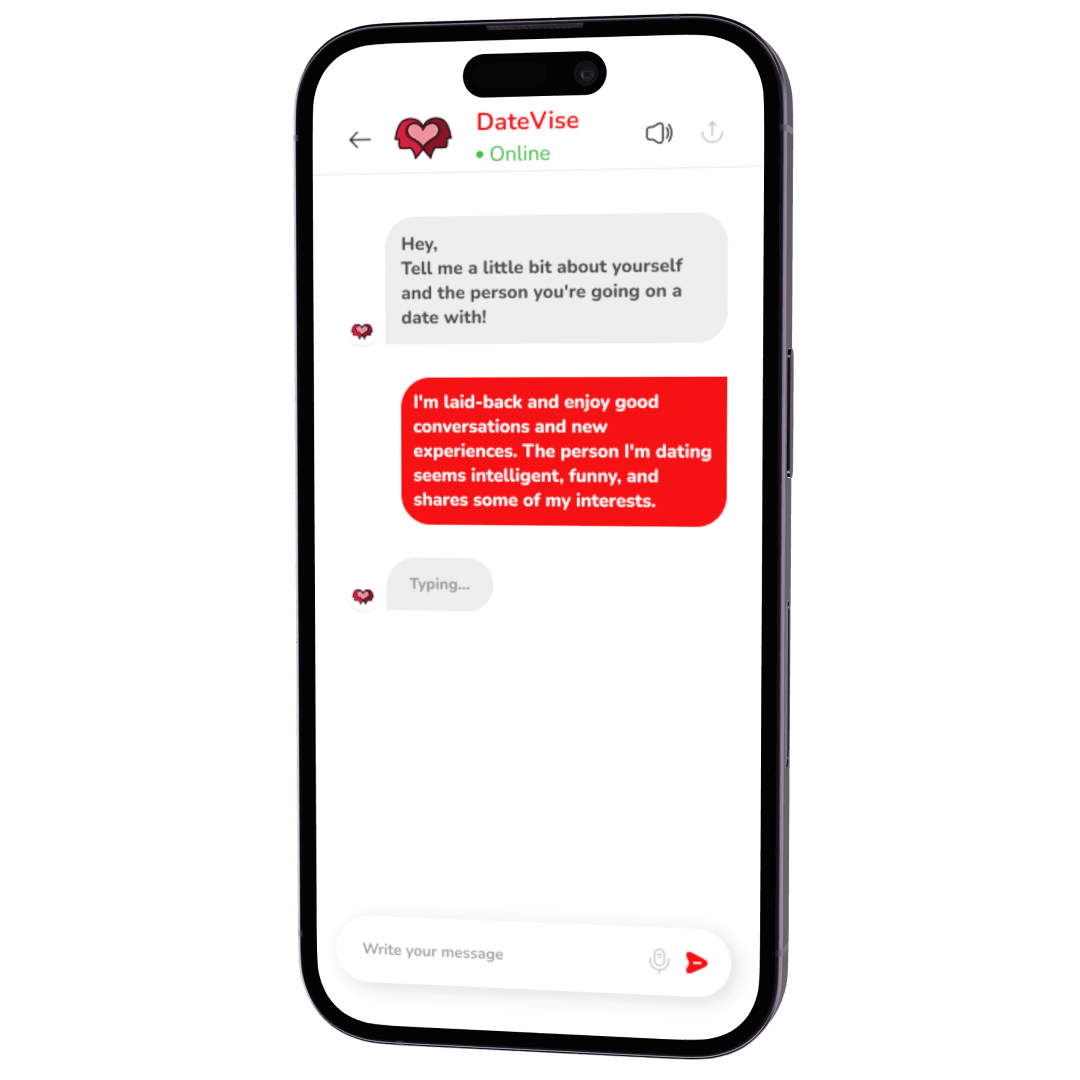 The text on the screen shows a conversation between a user and a dating app assistant called Datevise. The user is seeking advice for an upcoming date and the assistant is providing tips.