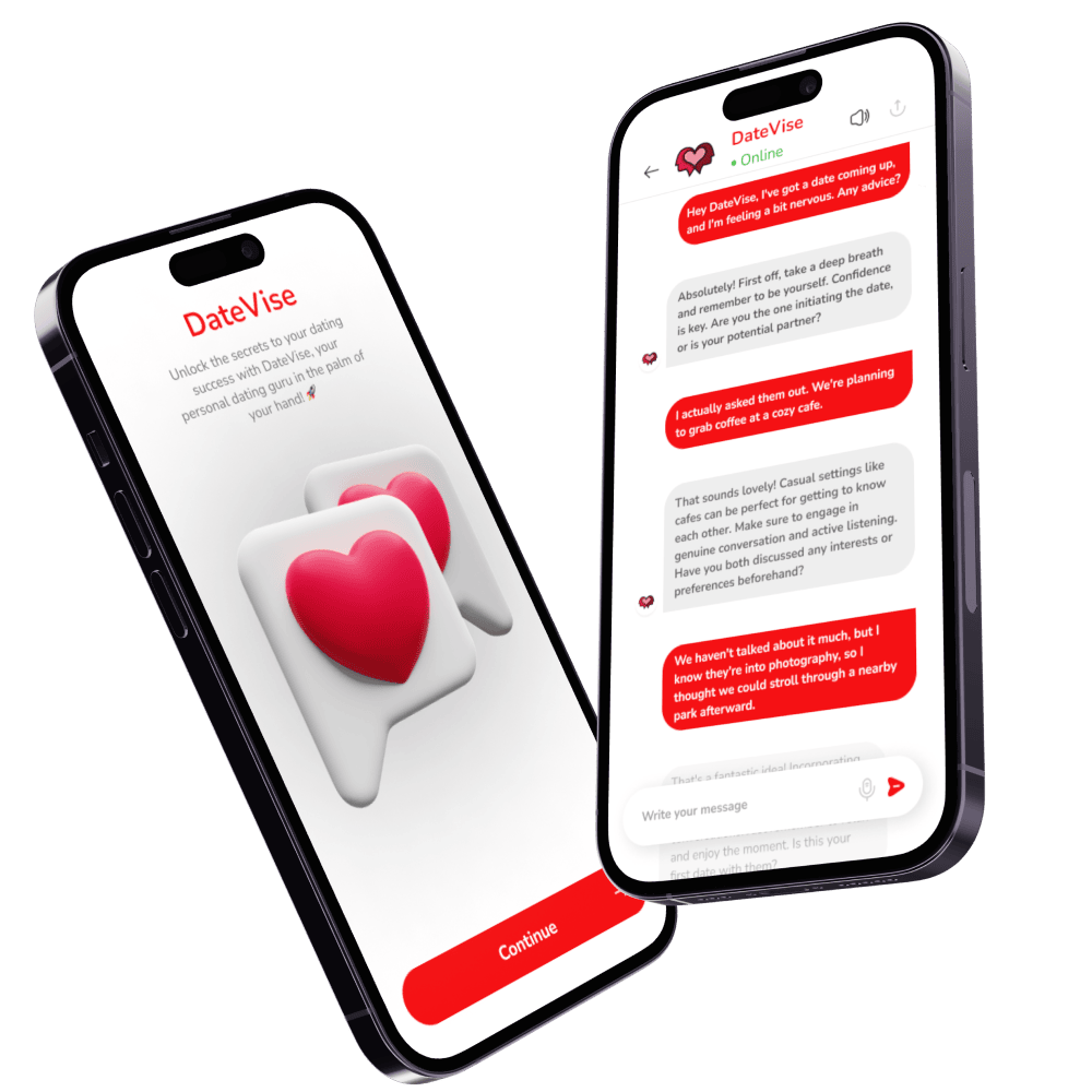 The text on the screen shows a conversation between a user and a dating app assistant called Datevise. The user is seeking advice for an upcoming date and the assistant is providing tips.